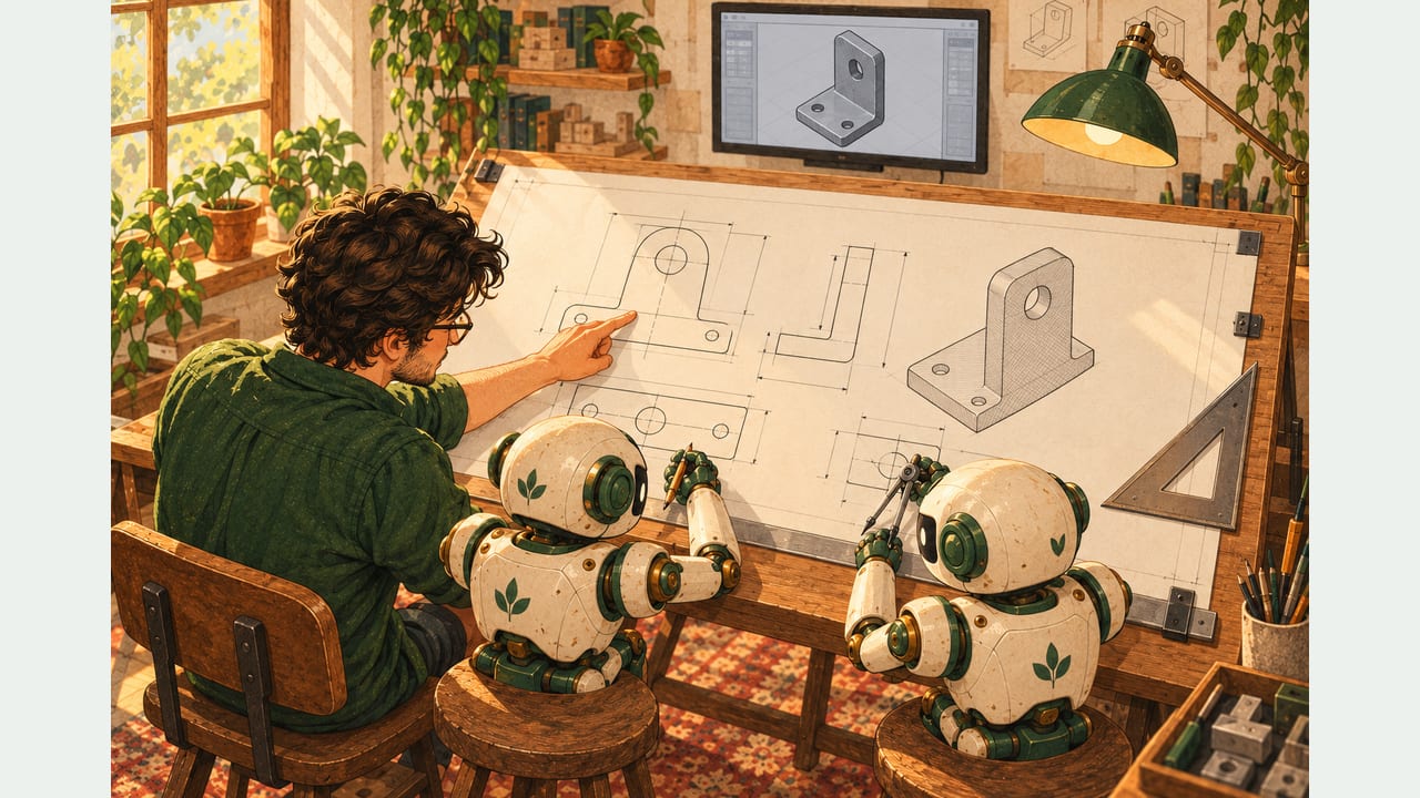 teknik çizim masasında çalışan tasarımcı ve iki robot